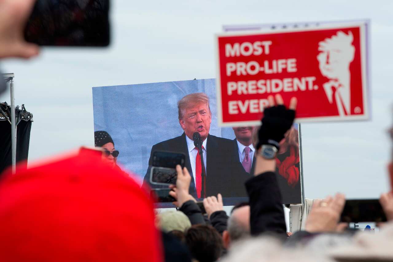 "Pro-life" demonstrators listen to US President Donald Trump as he speaks at the 47th annual "March for Life" in Washington, DC in January 2020.