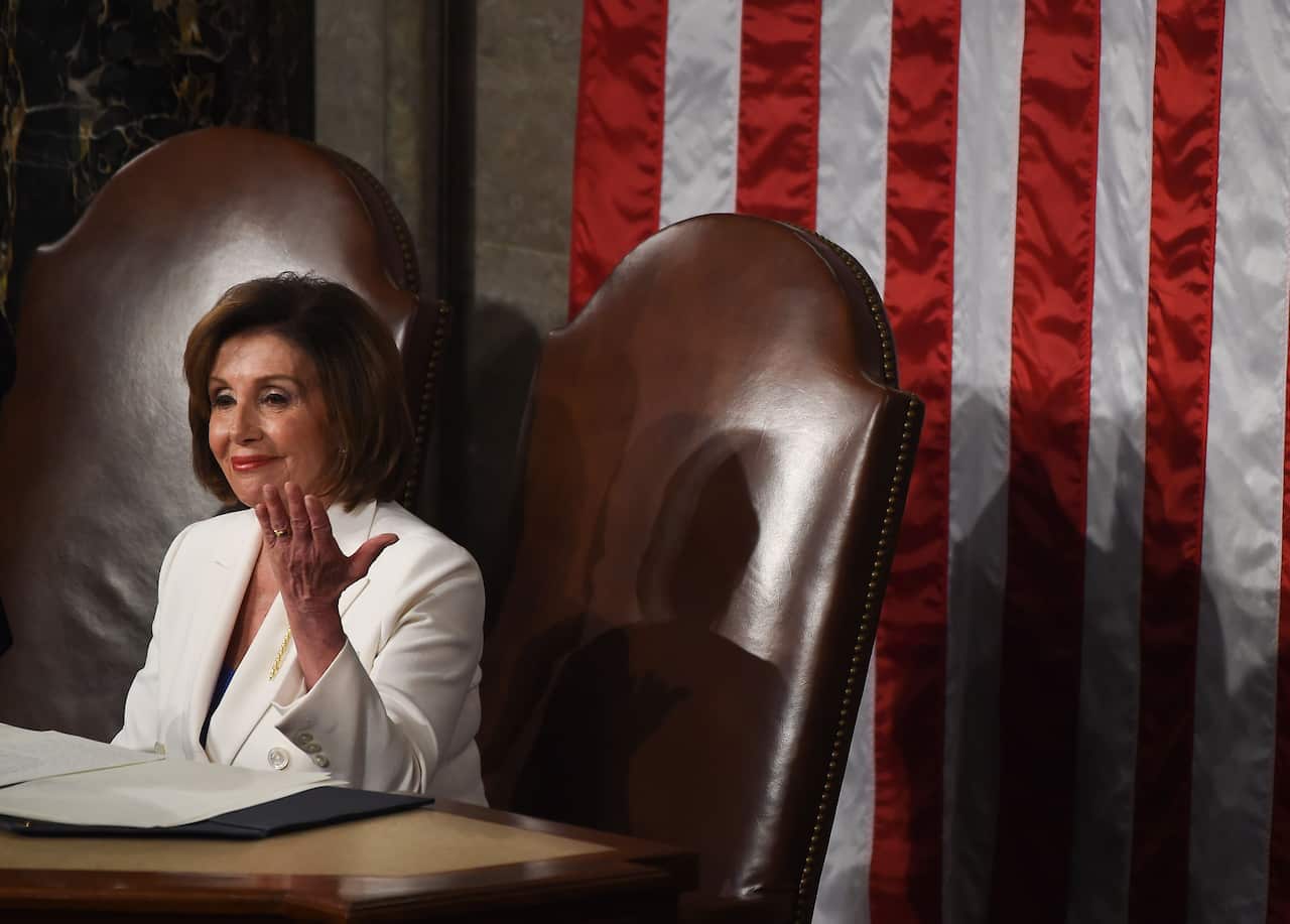Speaker of the US House of Representatives Nancy Pelosi looks on during the State of the Union address at the US Capitol in Washington, DC.