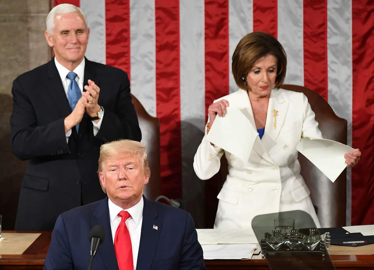 US House of Representatives Speaker Nancy Pelosi appears to rip a copy of President Donald Trumps speech after he delivers the State of the Union address.