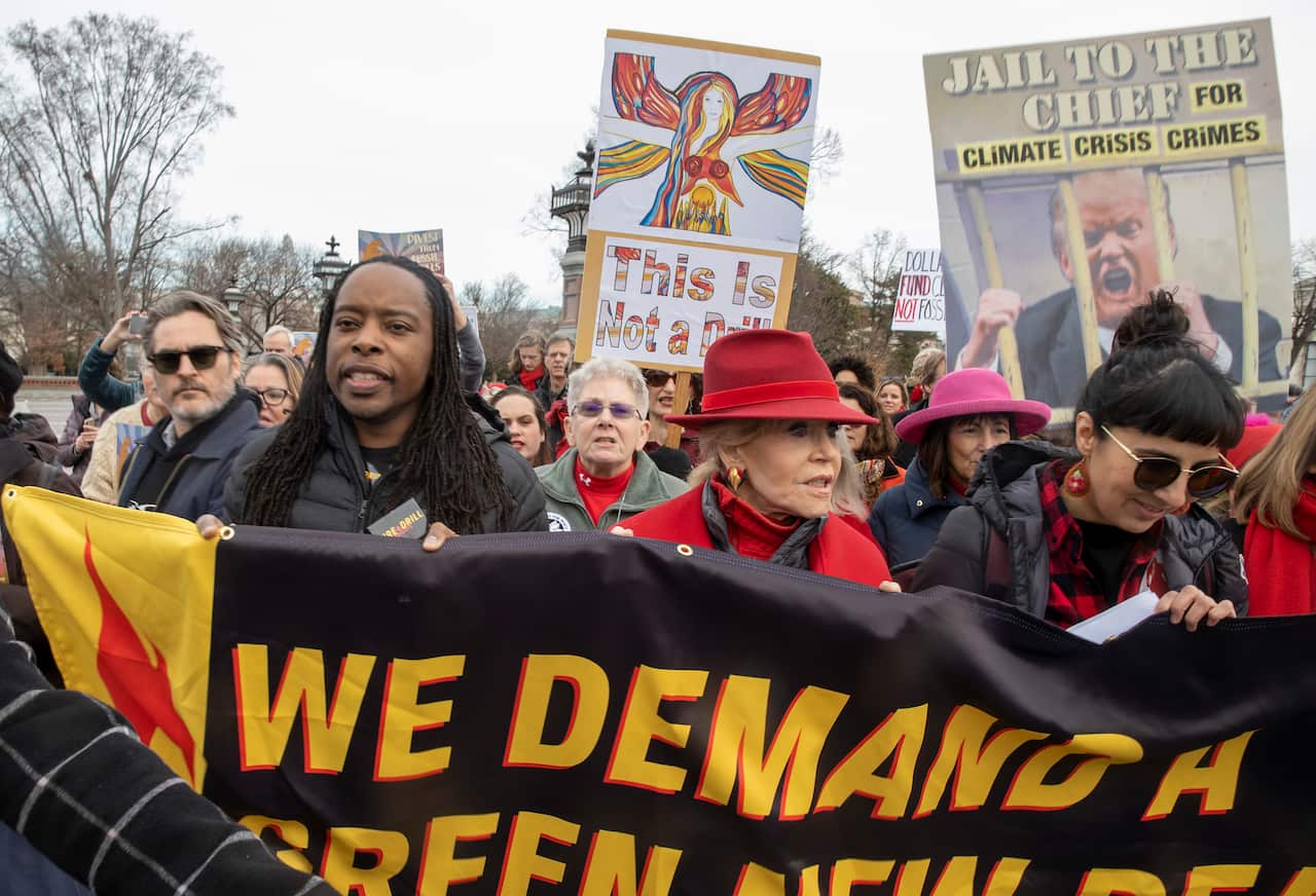Actor Jane Fonda marches in the Fire Drill Fridays rally to protest the climate emergency.