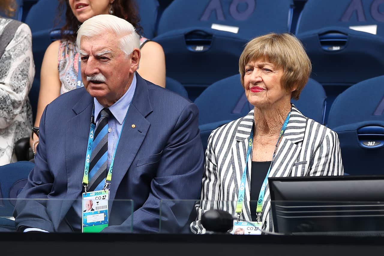 Barrymore Court and Margaret Court watch the Women's Singles first round match between Naomi Osaka and Marie Bouzkova on day one of the 2020 Australian Open.