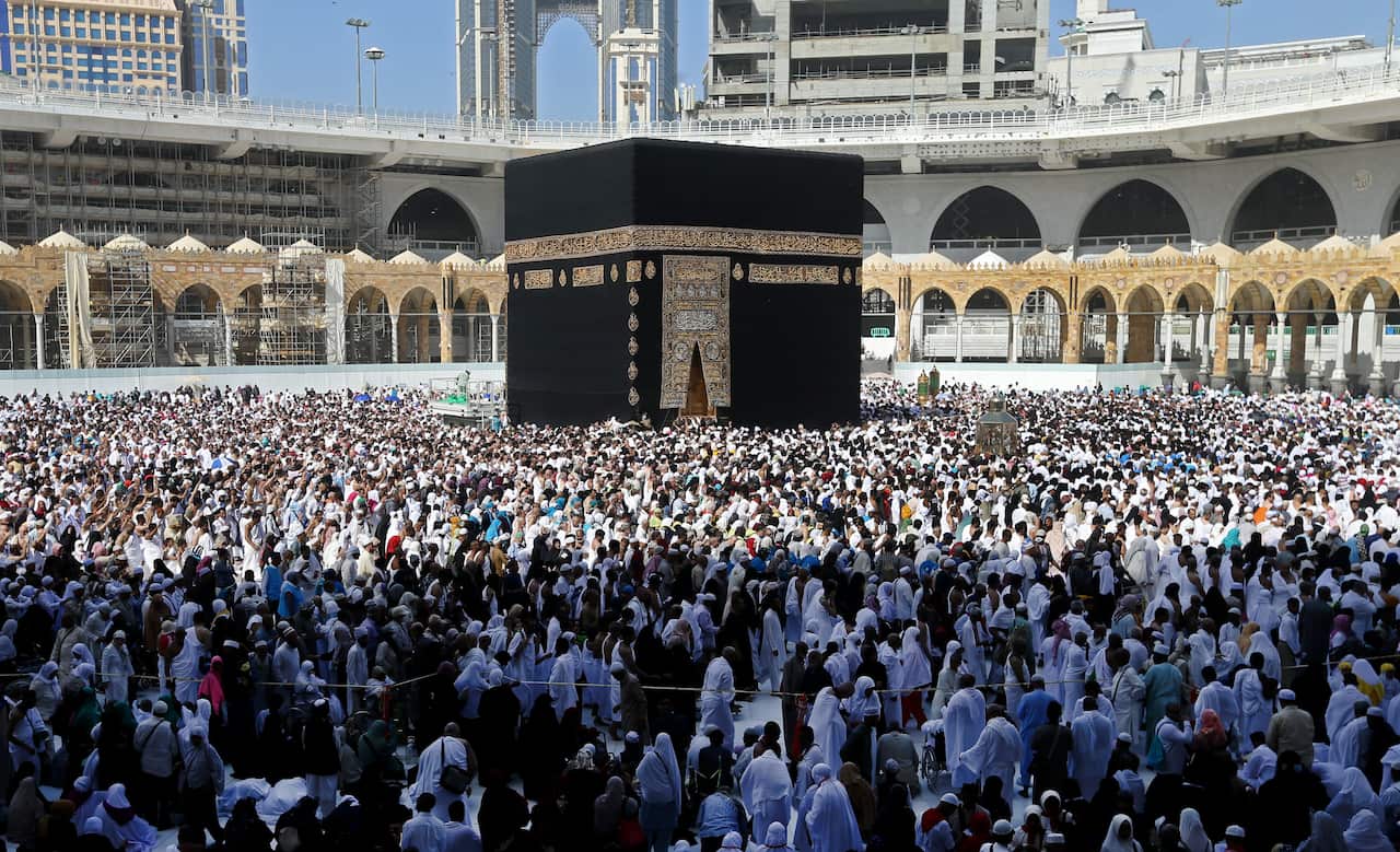 Muslim pilgrims walk around the Kaaba (Tawaf al-Wadaa), Islam's holiest shrine, at the Grand Mosque in Saudi Arabia's holy city of Mecca.