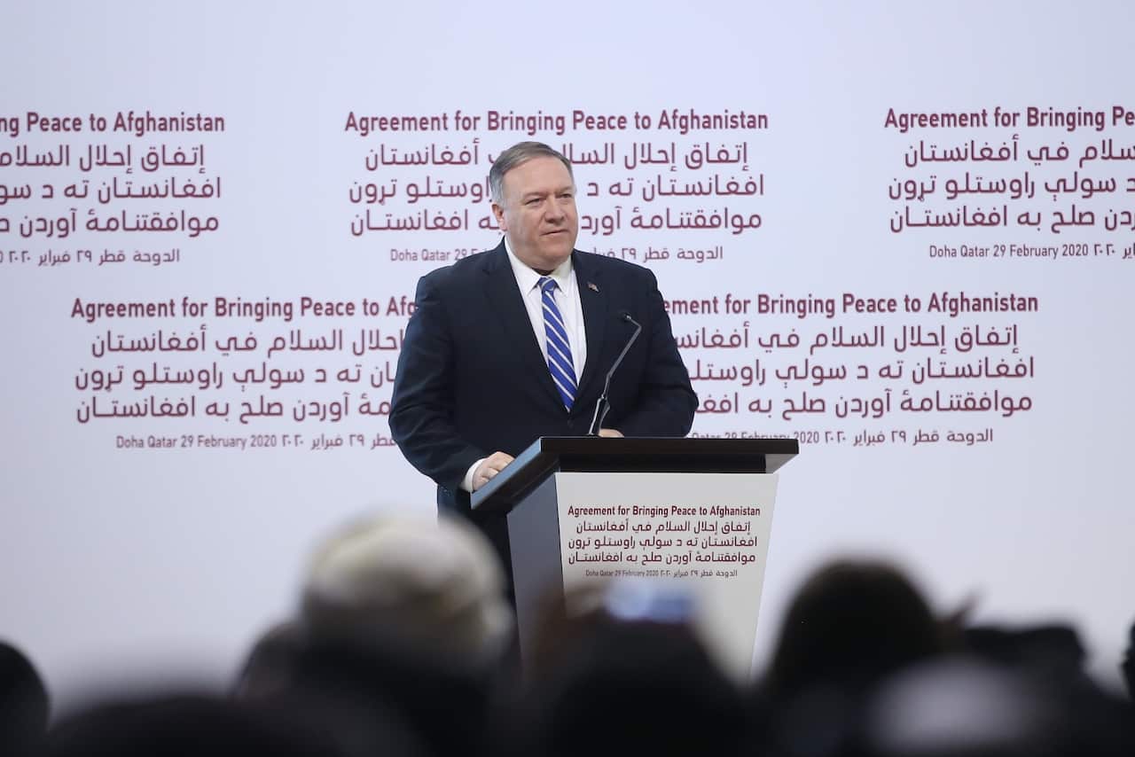 U.S. Secretary of State Mike Pompeo makes a speech during signing ceremony of peace agreement between the US and the Taliban, in Doha, Qatar.