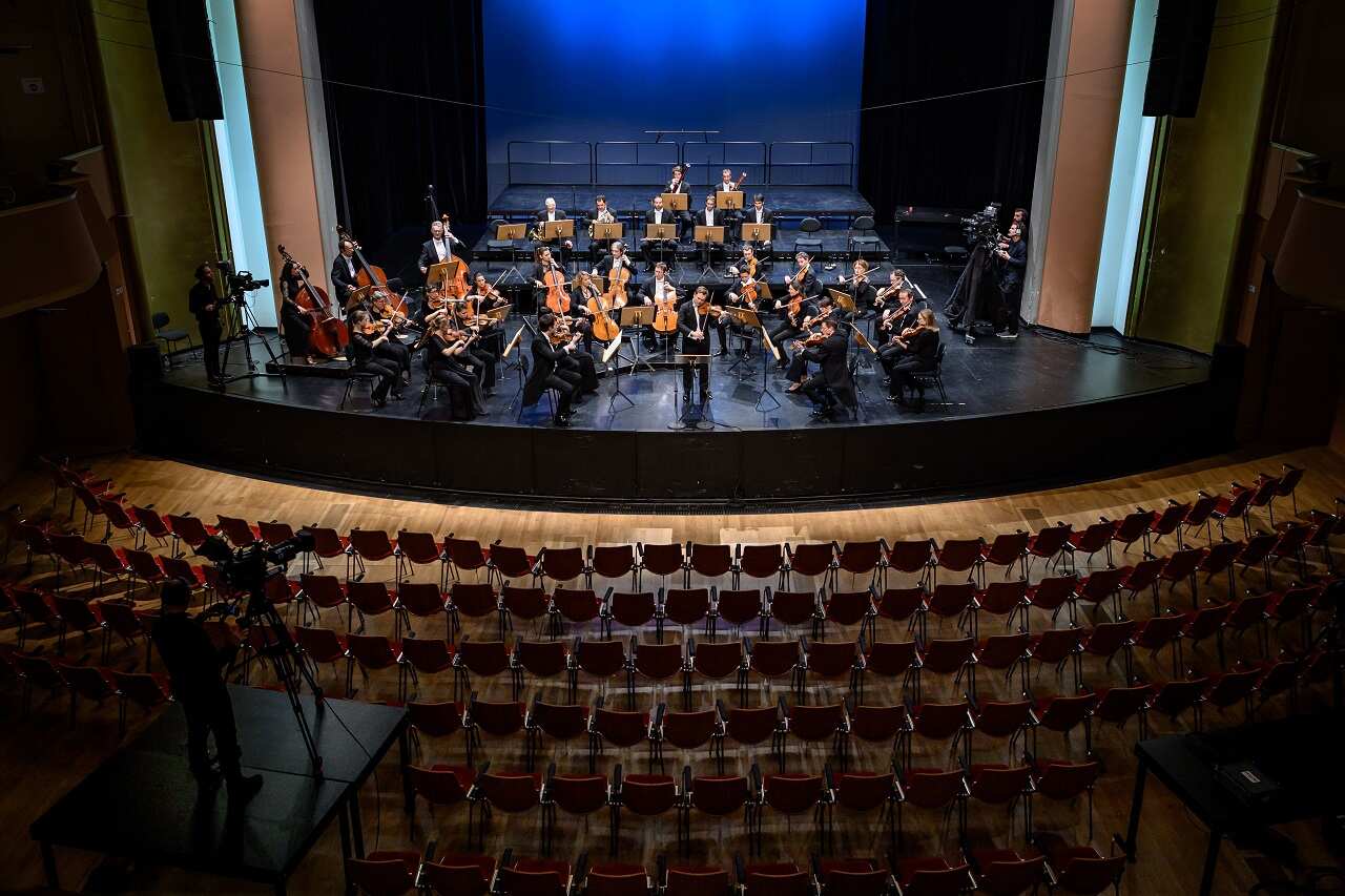 A concert in Switzerland with no audience due to coronavirus fears.