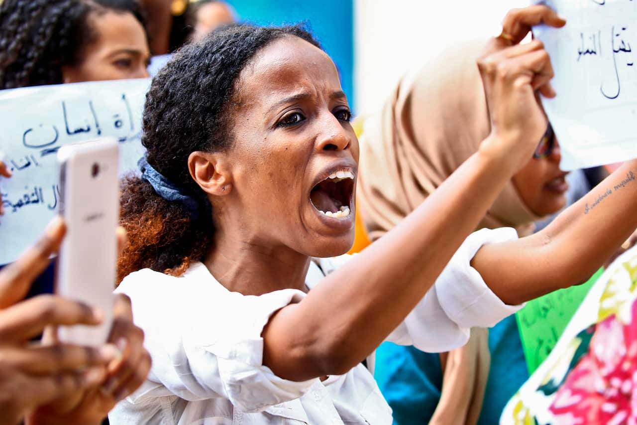 Women at a protest for female rights in Sudan in March, 2020. 