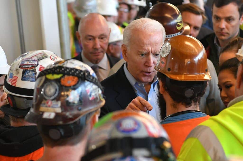Democratic presidential candidate Joe Biden meets workers as he tours the Fiat Chrysler plant in Detroit