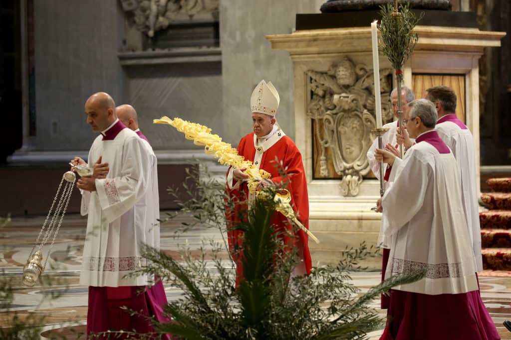 Pope Francis attends the Palm Sunday Mass in an empty Vatican Basilica of St. Peter's due to the Covid-19 coronavirus pandemic.