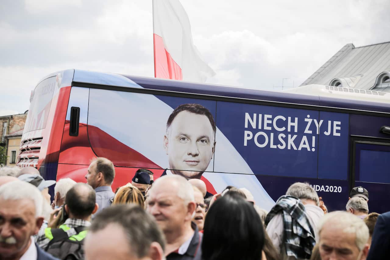 Images of president Andrzej Duda on a campaign bus