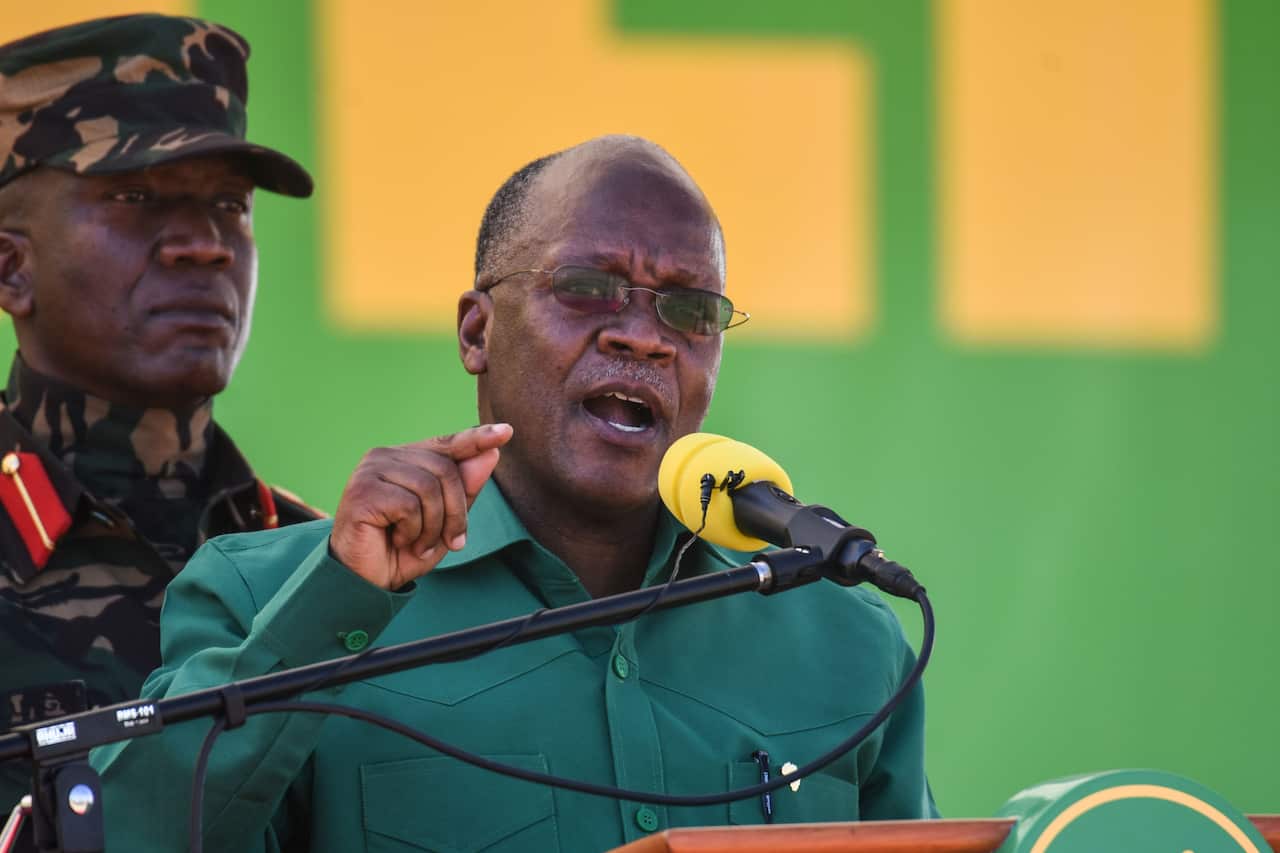 Tanzania's incumbent President John Magufuli speaks during the official launch of the party's election campaign at Jamhuri stadium in August.