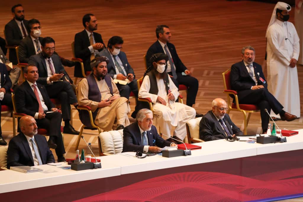 The opening session of peace talks between the Afghan government and the Taliban in the Qatari capital, Doha, on September 12.