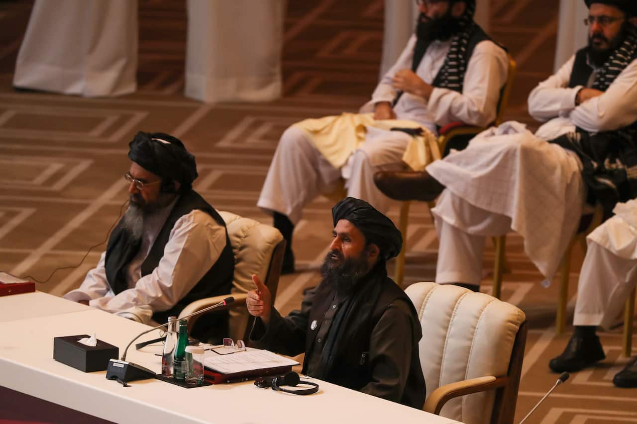 Taliban co-founder Mullah Abdul Ghani Baradar speaks during the opening session of the peace talks.
