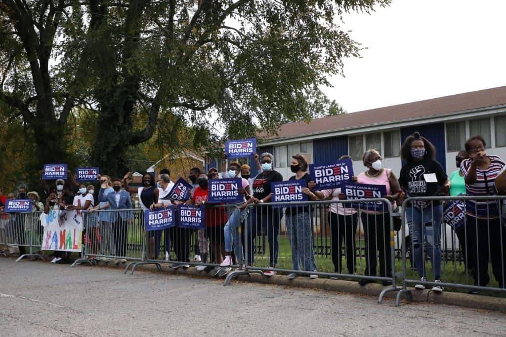 Supporters of Democratic Vice Presidential nominee, Kamala Harris, cheer as she arrives to take part in a forum in  Raleigh, North Carolina. 