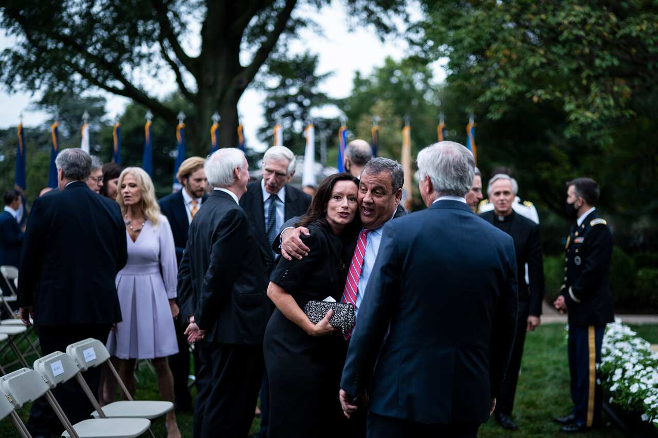Chris Christie greets others after President Donald Trump announced Judge Amy Coney Barrett  as his nominee to the Supreme Court in the White House Rose Garden.