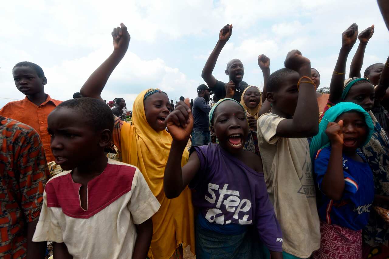 Children chants "End SARS" slogans during a demonstration to protest against police brutality at Magboro, Ogun State in southwest Nigeria. 