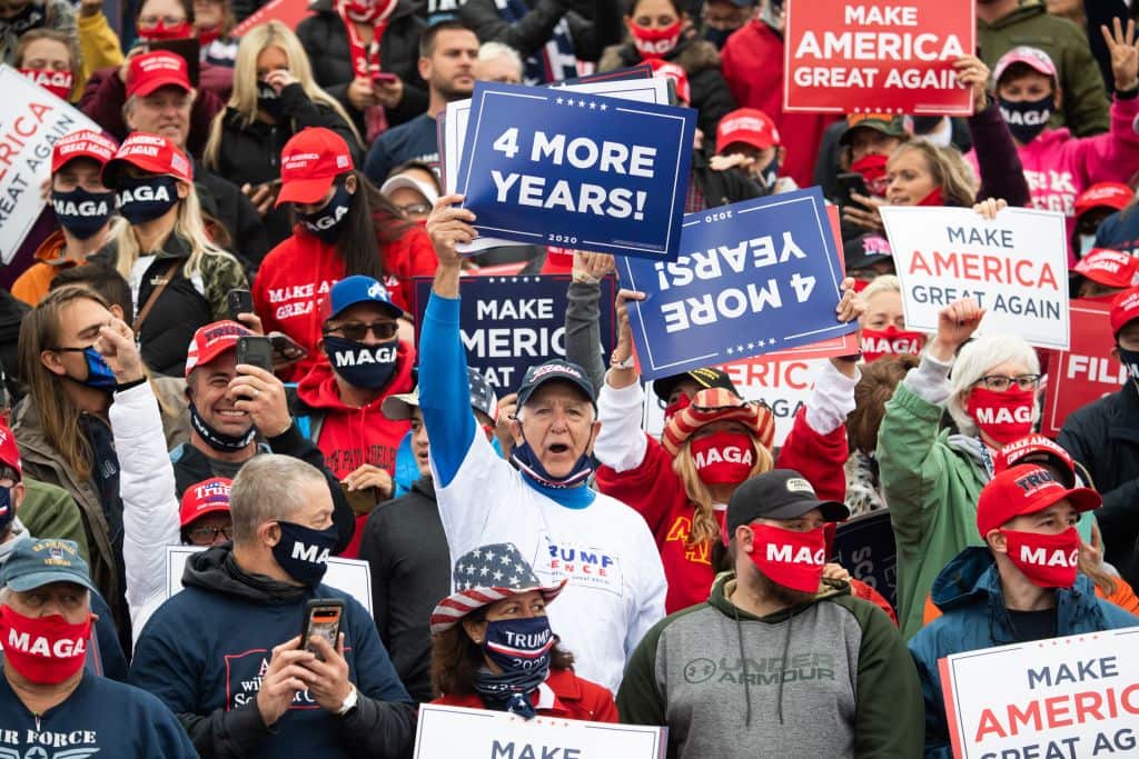 Supporters cheer as US President Donald Trump holds a Make America Great Again campaign rally at Lancaster Airport in Lititz, Pennsylvania. 