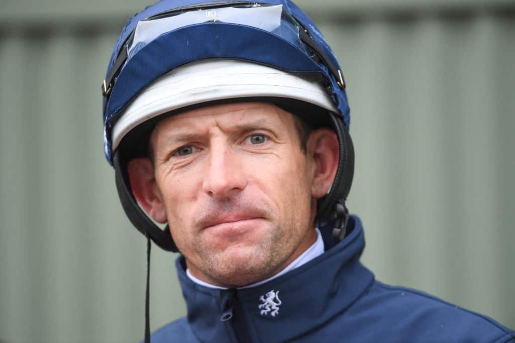 Hugh Bowman speaks to the media after riding Anthony Van Dyck in trackwork at Werribee Racecourse on November 02, 2020 in Werribee, Australia. (Pat Scala/Racing Photos) 