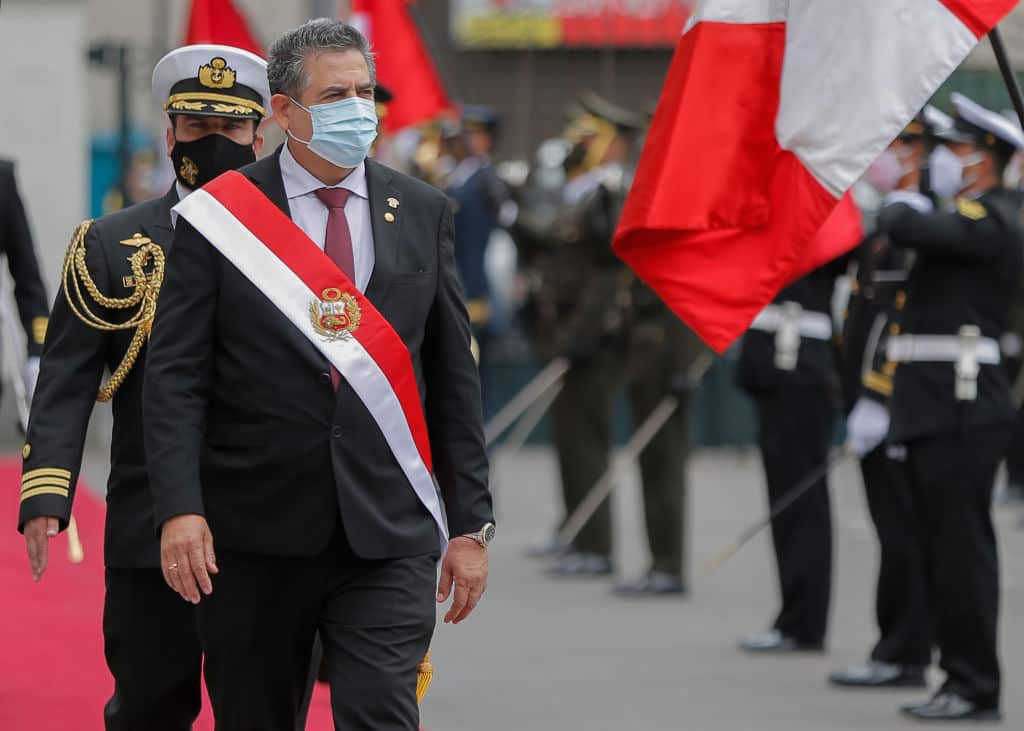 The head of the Peruvian Congress, Manuel Merino after being sworn in as interim president in Lima on 10 November.
