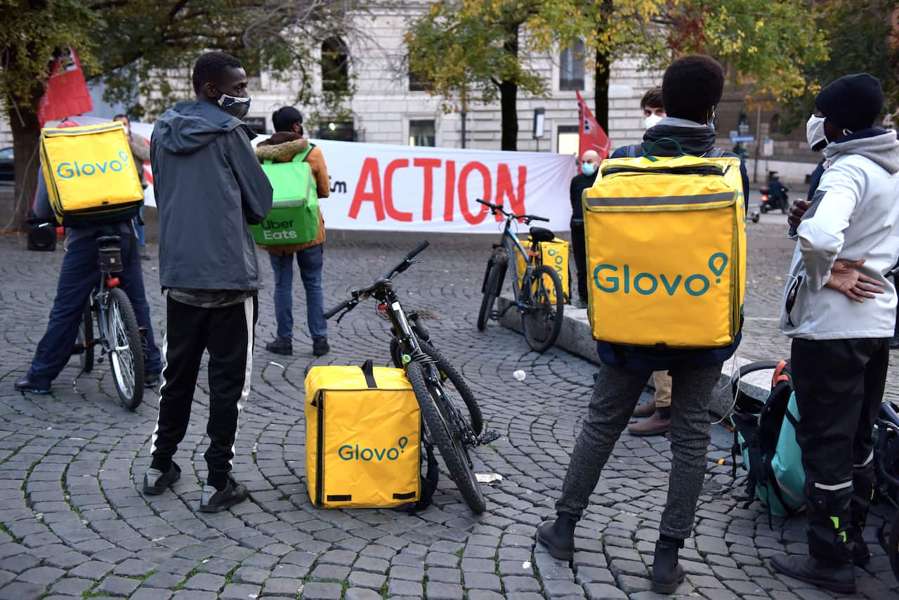 Food delivery riders in Rome gather to protest for protection, safety at work, and a fair salary