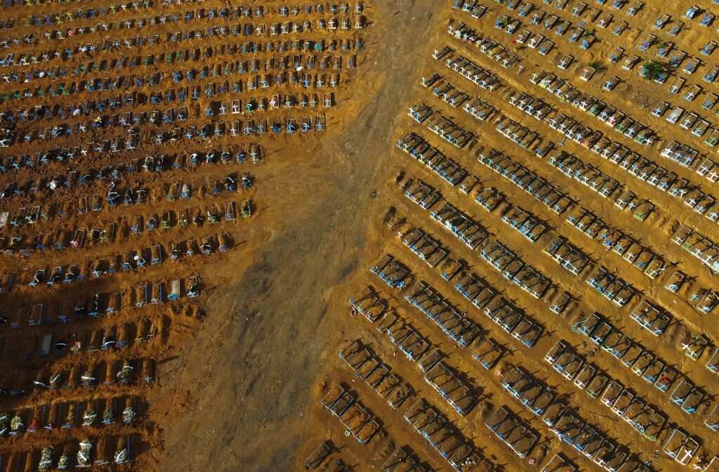 An aerial view of the burial site reserved for victims of the COVID pandemic at the Nossa Senhora Aparecida cemetery in Manaus