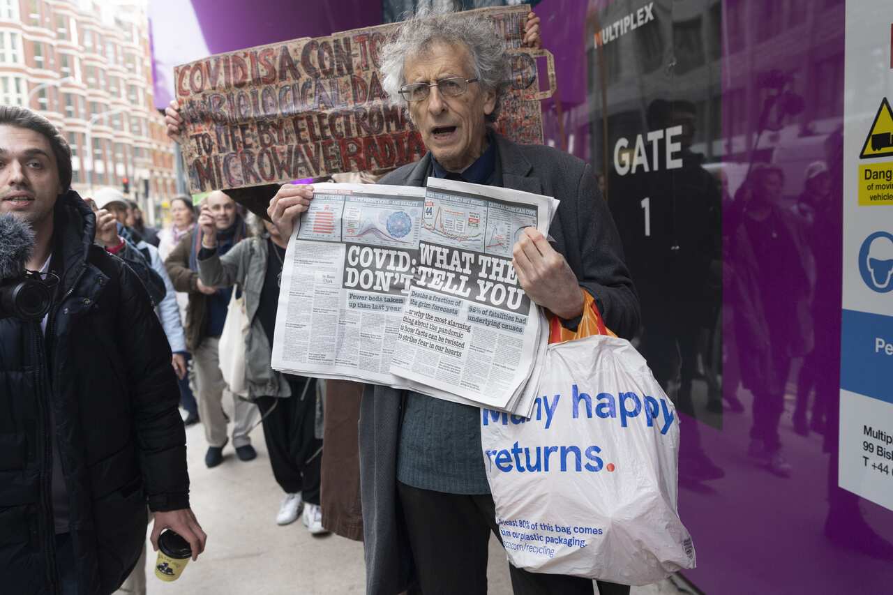 Piers Corbyn, brother of former Labour leader Jeremy Corbyn, attends a demonstration against a COVID-19 vaccine education event in London.