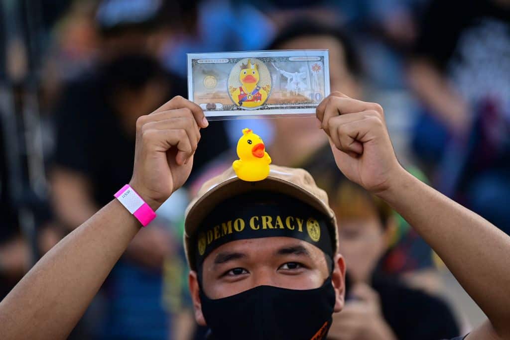 A pro-democracy protester with a small rubber duck displayed on his cap holds up a mock banknote during an anti-government rally in Bangkok.