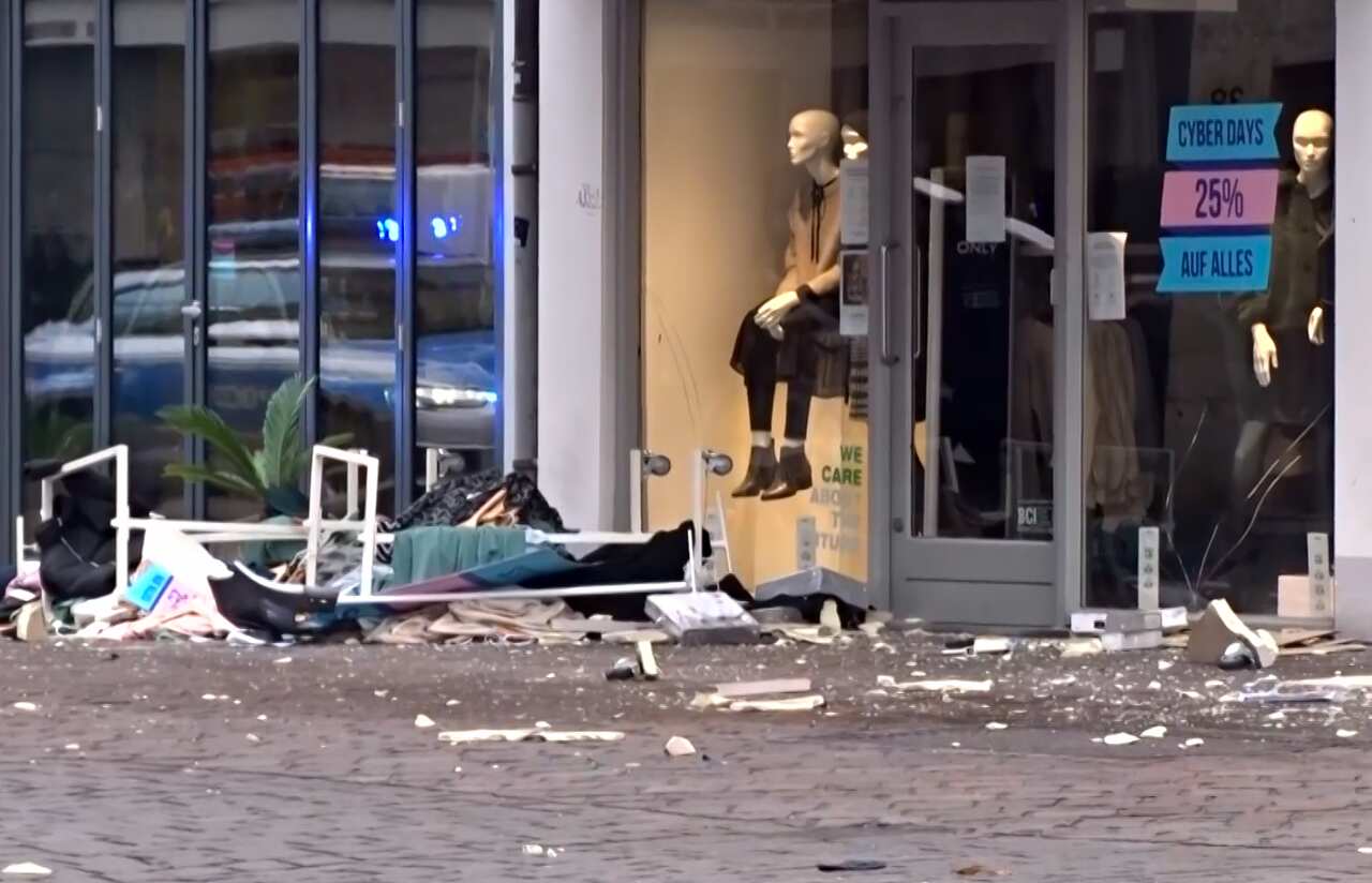 Destruction at the scene where a car drove into pedestrians in the center of Trier, southwestern Germany, on 1 December, 2020.