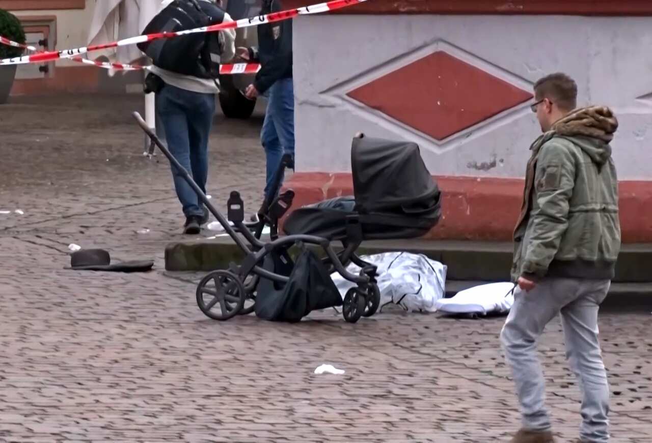 A destroyed pram at the scene where a car drove into pedestrians the center of Trier, southwestern Germany, on 1 December, 2020.