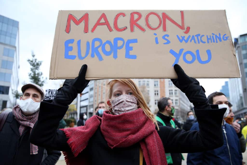 Protests against the racism and police violence extended to Brussels in Belgium on 5 December, with some protesters demanding President Macron resigns. 