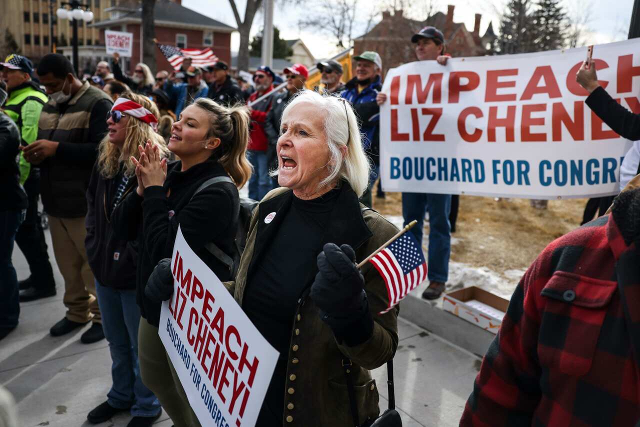 People cheer as Representative Matt Gaetz speaks during a rally against Liz Cheney on 28 January, 2021 in Cheyenne, Wyoming. 