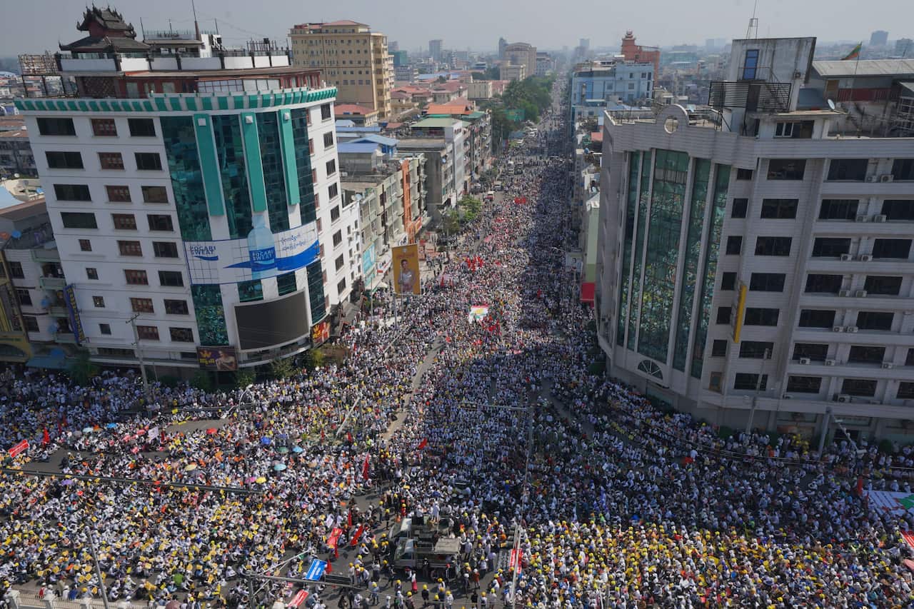 Crowds have gathered to protest against a military coup in Mandalay, Myanmar.