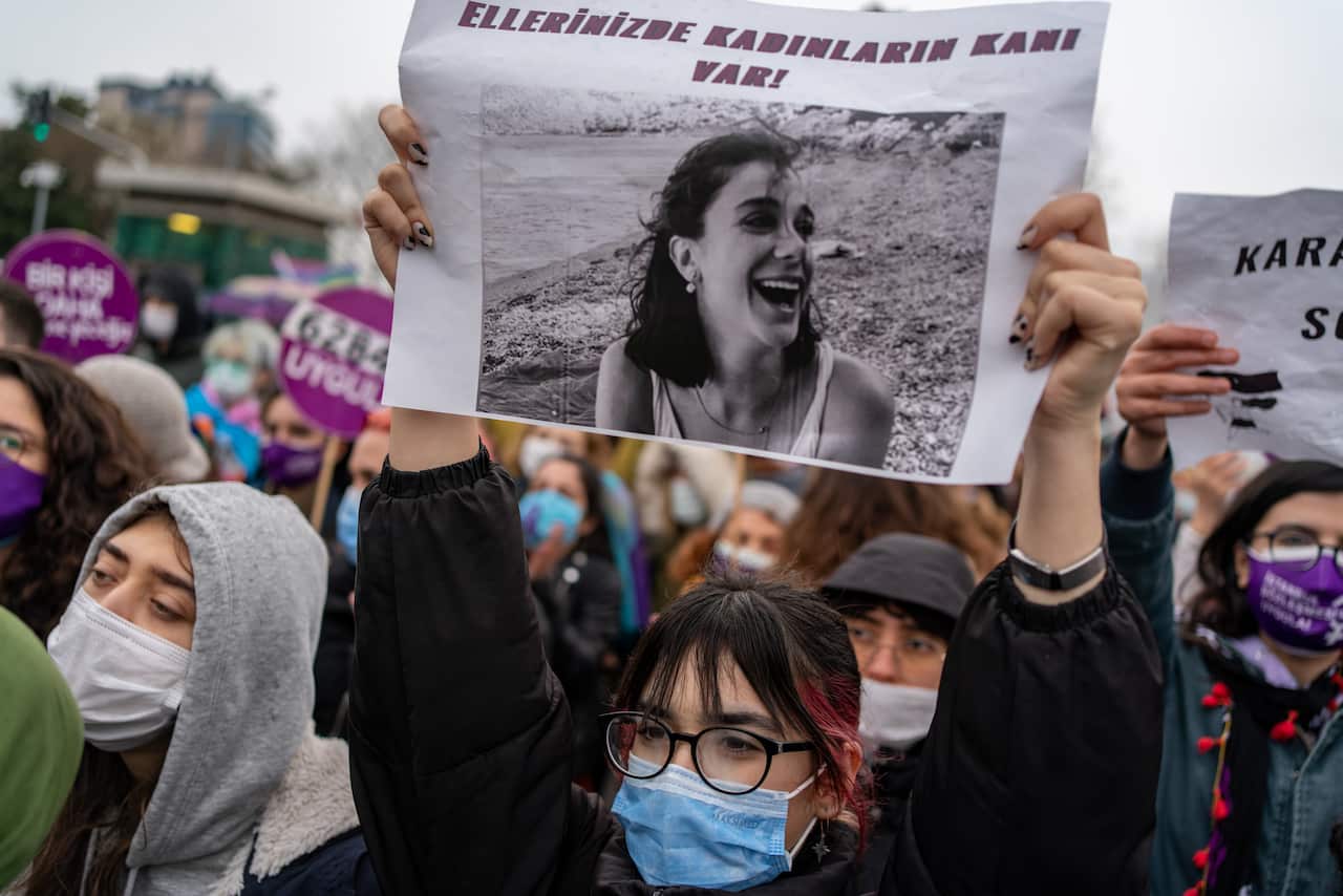 Women and LGBTQI activists protest Turkeys withdrawal from the Istanbul Convention in Istanbul, Turkey on 20 March, 2021.