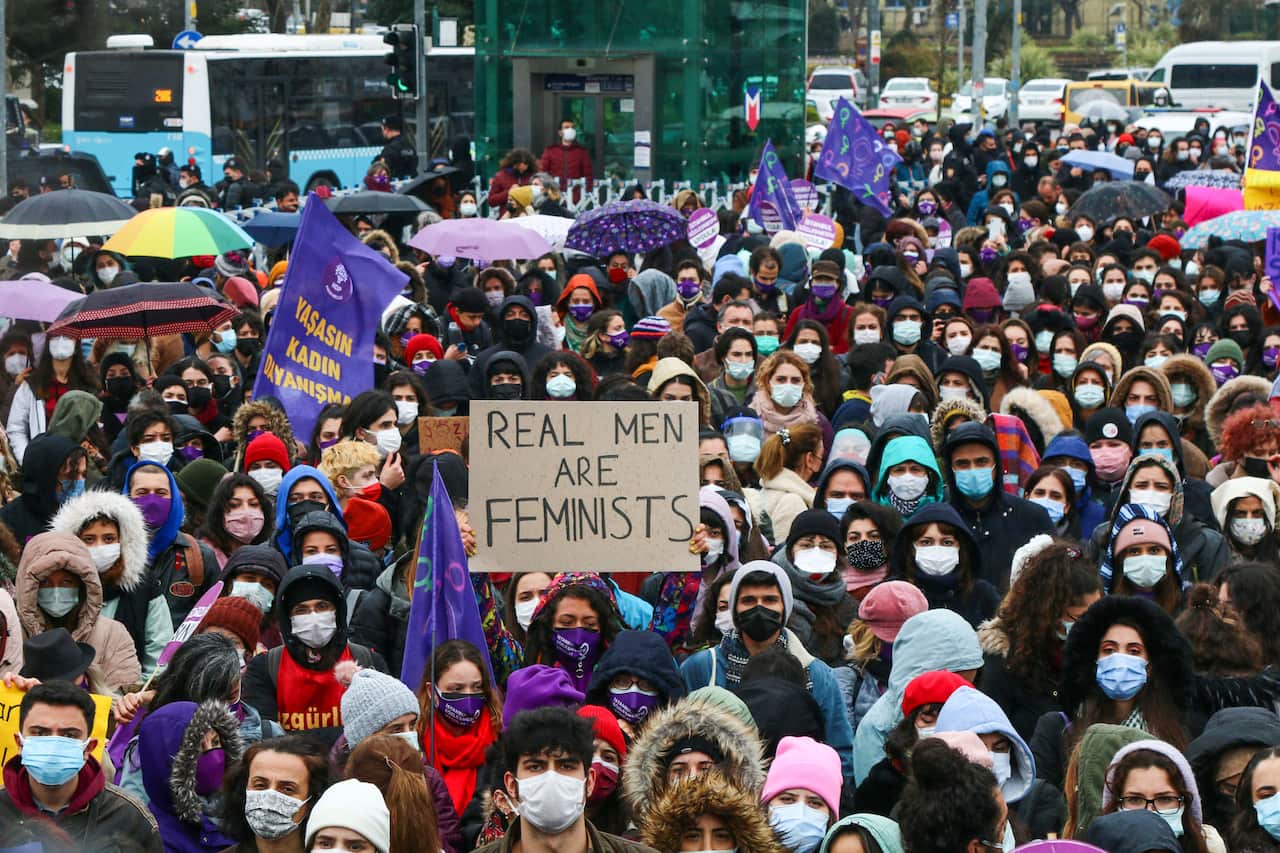 A demonstration in Istanbul against Turkey's withdrawal from Istanbul Convention. The convention requires the prevention of all kinds of violence against women, protection of victims of violence and punishment of criminals.