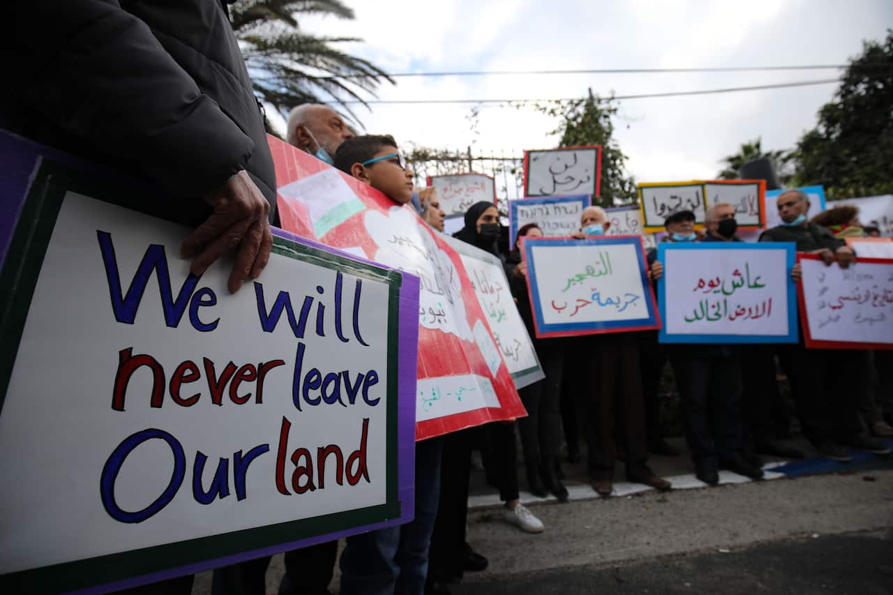 Palestinian families living in Sheikh Jarrah stage a demonstration in Mrach.