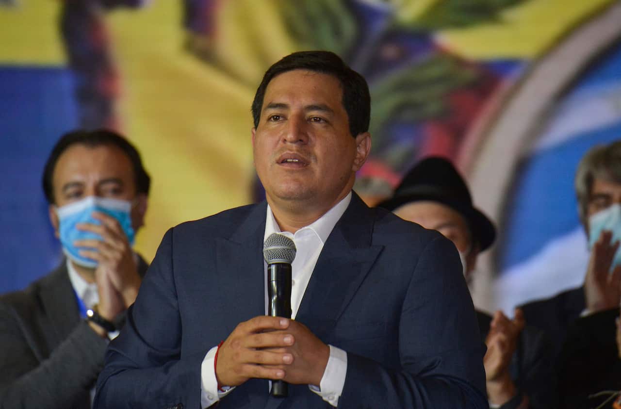 Ecuadorean leftist presidential candidate Andres Arauz speaks to the press to admit his defeat on 11 April 2021.