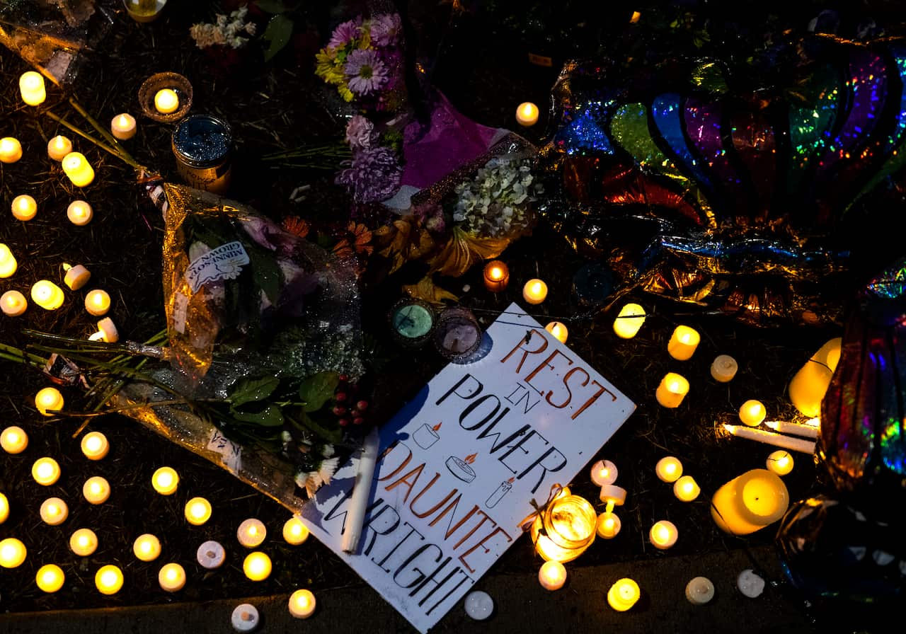 A memorial for Daunte Wright stands in the neighbourhood where he was shot and killed on 12 April in Brooklyn Center, Minnesota. 