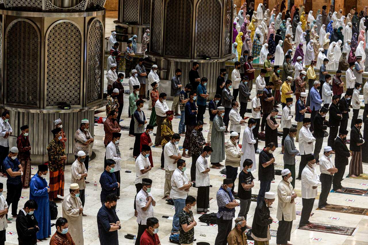 Indonesian muslims participate in the tarawih prayers amid the COVID-19 outbreak at Istiqlal Mosque in Jakarta, Indonesia, on 12 April.