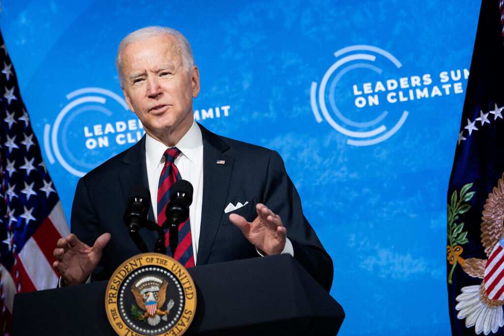 US President Joe Biden speaks during climate change virtual summit from the East Room of the White House campus 22 April, 2021, in Washington, DC.