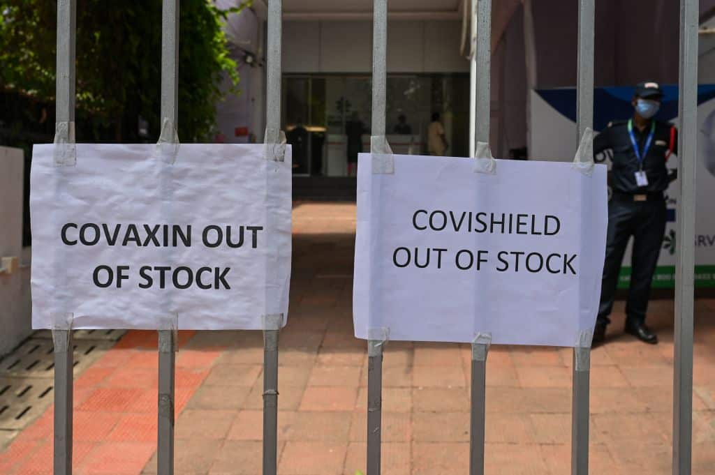 Signs announcing that vaccines are out of stock are seen A COVID-19 coronavirus vaccination centre is closed for three days due to a shortage of vaccine supplies in Mumbai, India.