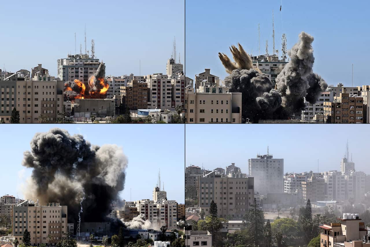 Photos show the Jala Tower, housing international media outlets in Gaza city, being hit by an Israeli air strike and collapsing on 15 May, 2021.