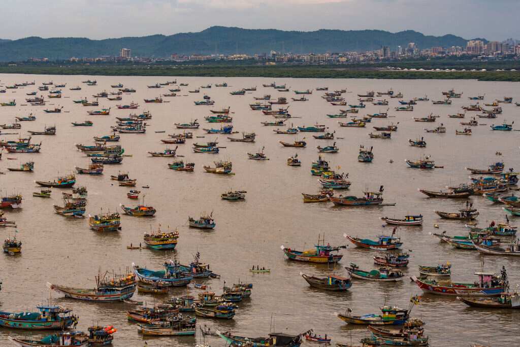 Fishing boats anchored near Uttan Village ahead of the warning of the Cyclone Tauktae at Uttan, on 16 May 2021 in Mumbai, India. 