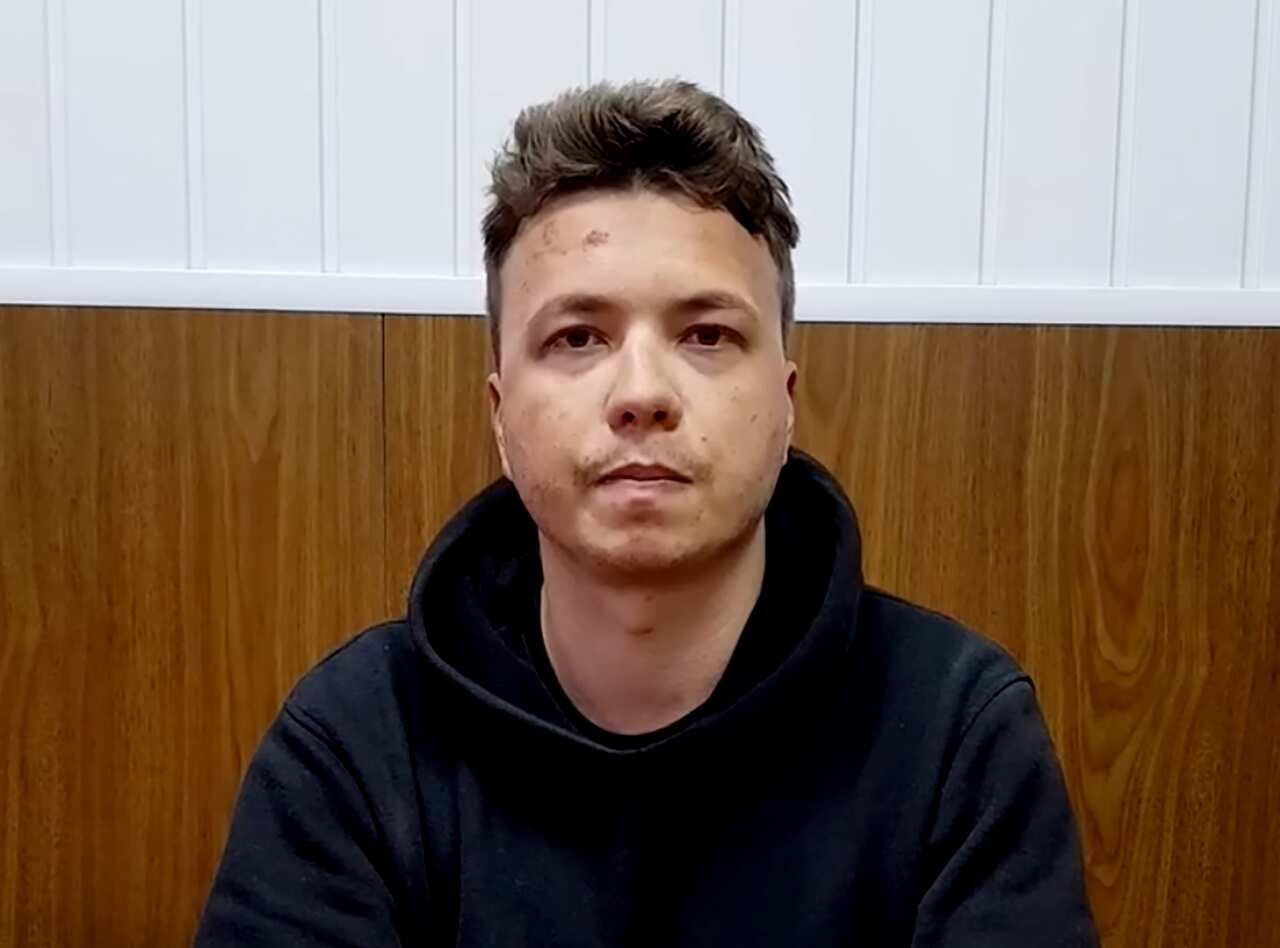 Belarusian opposition figure Roman Protasevich is seen during his first statement to the security forces in Minsk on 25 May 2021.
