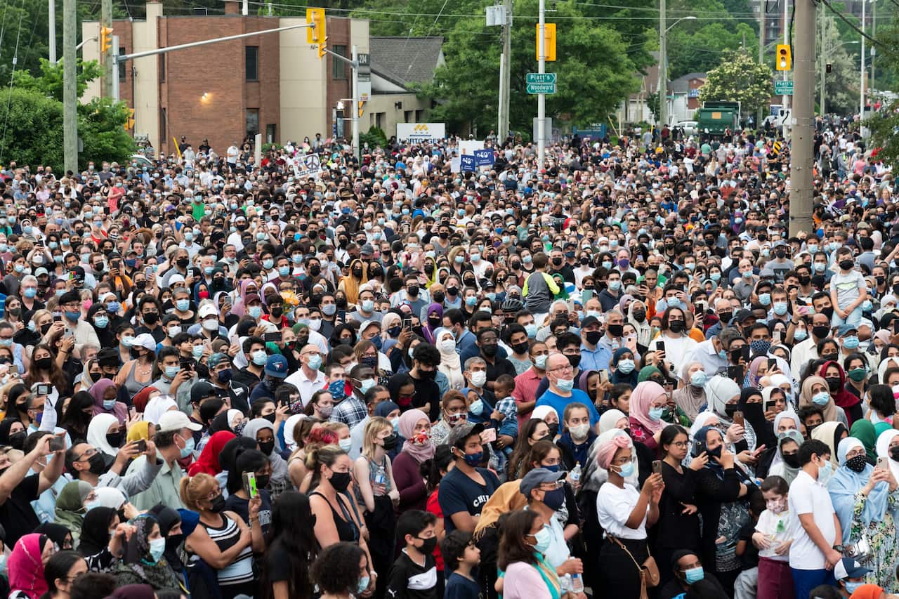 Members of the Muslim community and supporters gather for a vigil at the London Muslim Mosque on 8 June, 2021 in London, Canada. 