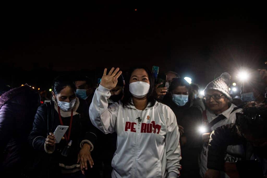 Peruvian candidate for the Fuerza Popular party, Keiko Fujimori, arrives to speak to her supporters at a beach in Lima, on 7 July, 2021.
