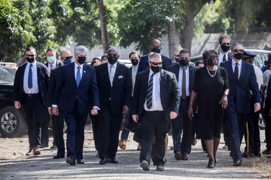 US officials arrive for for the funeral of slain President Jovenel Mose  on 23 July, 2021, in Cap-Haitien, Haiti.