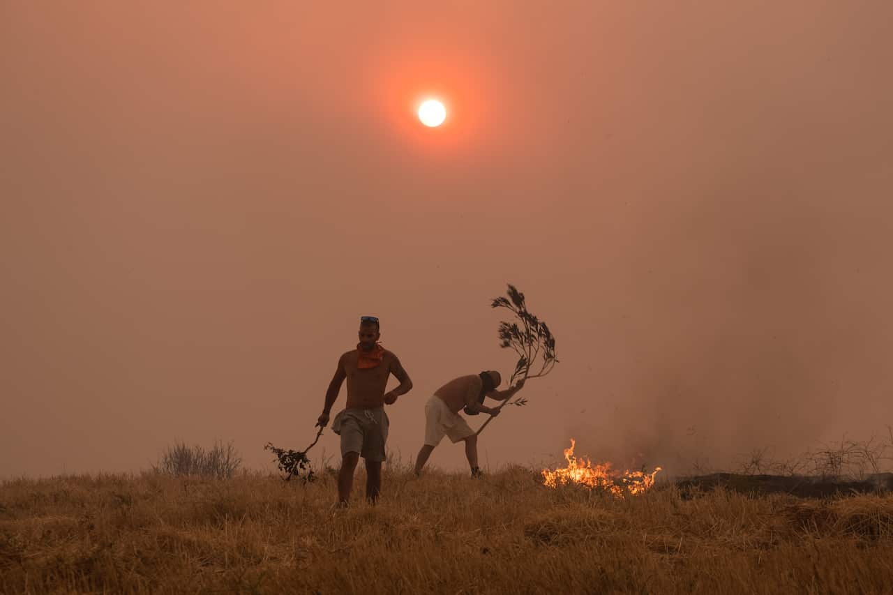 Volunteers try to put out the fire by hitting it with branches in Athens, Greece, on 6 August, 2021. 