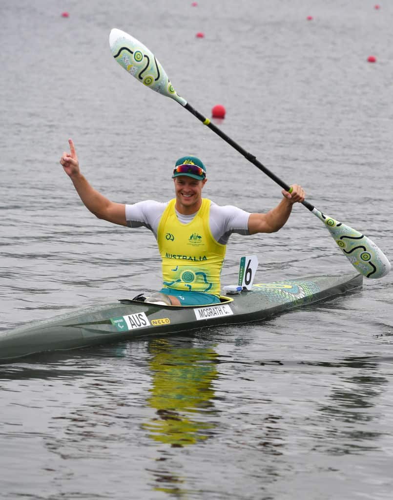 Curtis McGrath of Australia celebrates after winning the Men's KL2 200 metre sprint