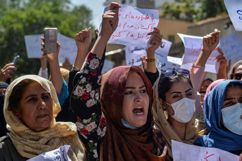 Afghan women shout slogans during an anti-Pakistan protest near the Pakistan embassy in Kabul on 7 September.