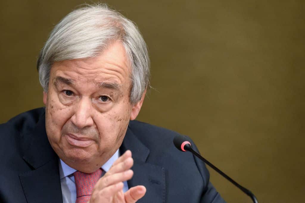 UN Secretary-General Antonio Guterres looks on during a press conference on a hosts aid conference on Afghanistan, in Geneva on 13 September, 2021. 