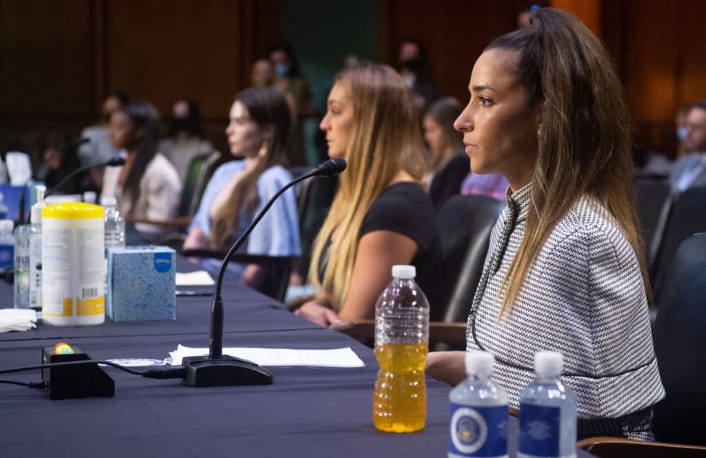 (L-R)US Olympic gymnasts Simone Biles, McKayla Maroney, gymnast Maggie Nichols, and US Olympic gymnast Aly Raisman, testify during a Senate Judiciary hearing about the Inspector General's report on the FBI handling of the Larry Nassar investigation.