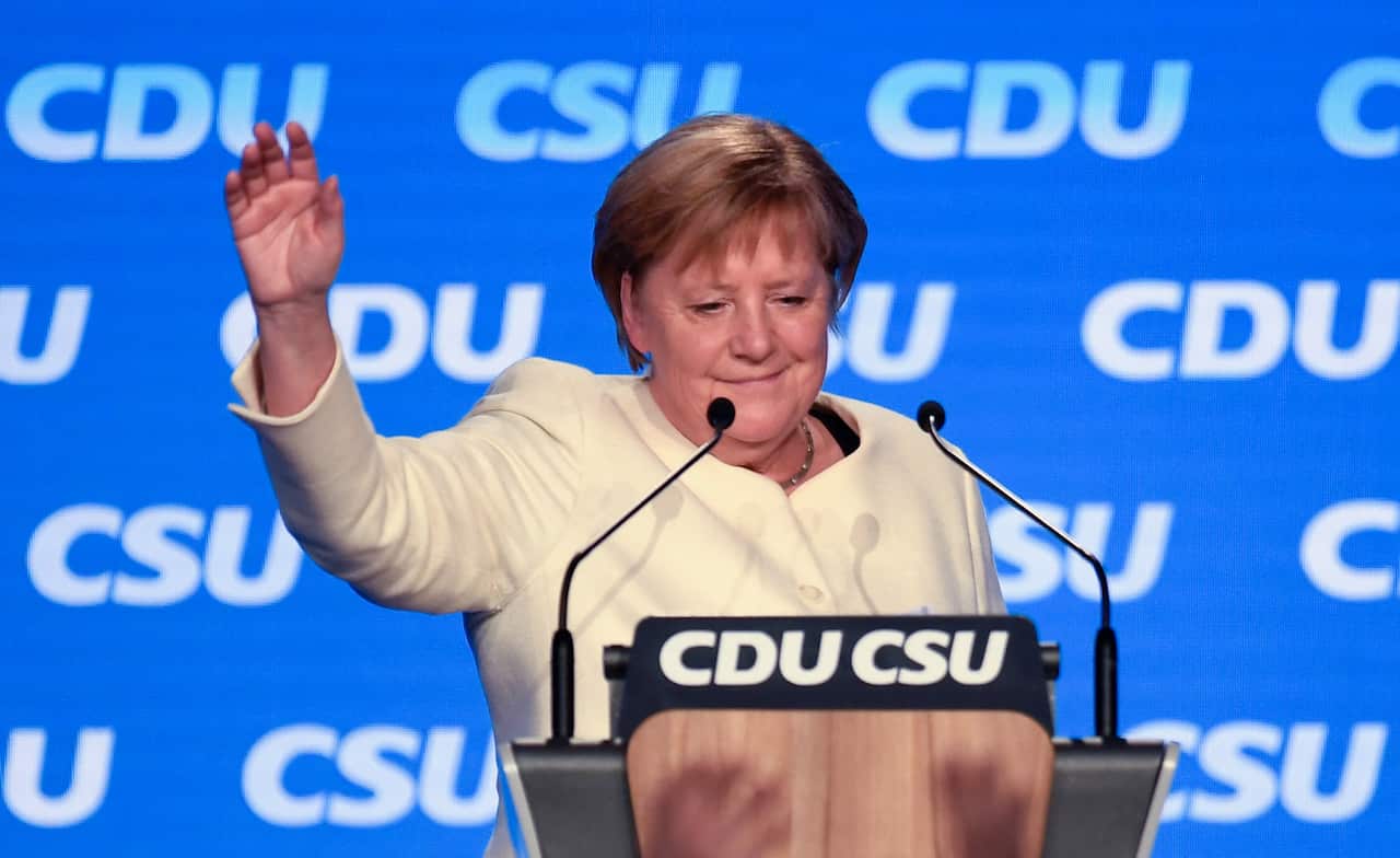 Angela Merkel addresses the last rally of the CDU in Munich last month.